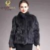 High Quality Real Fur Coat Fashion Genuine Rabbit Fur Overcoats Elegant Women Winter Outwear Stand Collar Rabbit Fur Jacket 210816