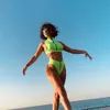 High Waist Bikini Mujer Neon Green Swimsuit Female Neck Swimwear Women Zipper Crop Top Sexy Bathing Suit Bathers 210629