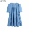 Women Vintage O Neck Solid Pleats Denim Casual Kimono Dress Female Chic Puff Sleeve Retro Straight Vestido DS5067 210420