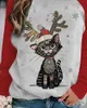 Jul söt djur tryckta kvinnor långärmad t-shirt o-nacke plus storlek rolig lös avslappnad femme överdimensionerade toppar 210415