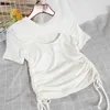 Kimutomo O cuello de manga corta camiseta femenina verano coreano moda chicas ahueca hacia fuera cordón salvaje sólido tops casual 210521