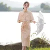 Etnisk Kläder Elegant Slim Qipao + Sjal Tvådelad Kinesisk Klänning Kvinnor Hanfu Traditionell Robe Orientale Kvinna Vestido Chino Autumn Cheongs