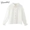 Yitimuceng Blouse blanche Femmes Bouton Up Gaze Chemises Peter Pan Col Flare Manches Printemps Été Coréen Mode Tops 210601