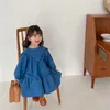 Koreaanse stijl schattige meisjes effen kleur losse jurken lente herfst grote hemlijn kinderen turndown kraag lange mouw prinses jurk 1-7y 210615