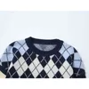 Argyle Pattern Spliced Pullover Knitwear And Sweater Korean Vintage Long Sleeve Oversized Spring OL Classic Knitted Tops 210417