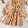 Evening Party Dress Women Print Floral Sexy V Neck Puff Sleeve Vestidos Spring High Waist Lace Up Klänningar 14011 210415