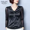 Mesh Bottom Blouse Women Long Sleeve Fashion Solid Black Spring Tops Silk Blouses Pendant Shirts V-neck Blusas 8075 50 210417