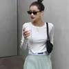 Autumn Knit Top Mulheres Tshirt Casual Manga Longa Colheita Do Lado Zipper Crewneck Bodycon Camiseta Femme Roupas 210427