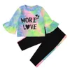 Enfants d'hiver Ensembles à manches longues Lettre Tie-Dye T-shirt Patchwork Pantalon noir Mignon 2pcs Vêtements pour filles 6M-4T 210629