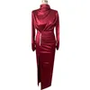 Sexy Splits Long Sleeve Maxi Dress High Neck Ruched Thigh Slit Evening Gown Satin Party es Femme Robe Vestido 210517
