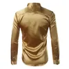 ゴールドシルクサテンシャツメンシェミングホムファッションメンズスリムフィット長袖エミュレーションボタンダウンドレスレッド210721