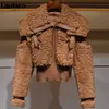 ロータロ冬暖かい厚いパッチワークの毛皮の毛皮のコート女性長袖ジッパーターンダウンカラースタイリッシュなふわふわのジャケットファッション211018