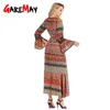 Bohemian Floral Beach Dress V Neck Ruffle Vintage Holiday Chiffon Långärmad Boho Maxi för kvinnor 210428