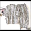 Sleepwear Underkläder Apparel Drop Leverans 2021 Spring Mens 100percent Cotton Hanfu Badrock Kimono Pajama Ställ in V-hals tre fjärdedel pyjamas mig