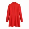 Za Mulheres Primavera Outono Moda Dupla Breasted Vermelho Slim Long Blazers Casaco Vintage Sleeve Feminino Outerwear 211122