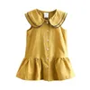 Sommer 2 3 6-12 Jahre Kinder College-Stil Big Turn Down Neck Einreiher Princes ärmelloses Kleid für Kinder Baby Mädchen 210625