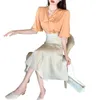 Women Summer Satin Two-Piece Set V-Neck Flared Sleeve Loose Shirt Slim Large Hem Mid-calf Skirt Elegant T3033 210514