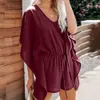 Kadın Playsuits Yaz Katı V Yaka Düzensiz Ruffles Kol Yüksek Bel Lace Up Gevşek Romper Kadın Kısa Geniş Bacak Tulumlar 210526