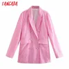 Dames Roze Plaid Vrouwelijke Lange Mouw Double Breasted Jacket Dames Casual Blazer Suits 3D17 210416