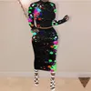 Commercio all'ingrosso Galaxy Paint Print Manica lunga Crop Top aderente Midi Gonne Suit Abbigliamento donna Set Sexy Club Party Abito a matita 210525