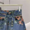 Casual Print Denim Short voor Vrouwen Hoge Taille Patchwork Zakken Sjerpjes Side Split Shorts Vrouwelijke Zomer Stijlvol 210521