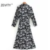 Moda Feminina Crane Print Laço Faixas Camisa Vestido Fall Office Lady Manga Nove Quartos Casual Magro Midi Vestido DS4602 210420