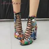 Meotina Letnie buty Buty Kobiety Mieszane Kolory Chunky Obcasy Krótkie buty Lace Up Extreme High Heel Buty Dama Duży Rozmiar 33-46 210608