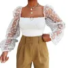 Женская футболка женская тюль квадратный воротник из сетки сетки марля пушистые длинные рукава вечеринка топ летом