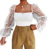 Dames T-shirt Dames Tule Square Collar Frill Mesh Gaas Pluizige Party Top Zomer met lange mouwen