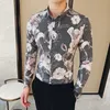 Högkvalitativ långärmad tröja Män Slim Casual Streetwear Social Shirt Blommigryck Business Dress Shirts Camisa Masculina 210527