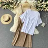 Kobiety Koreańska Moda Bez Rękawów Tank Dress + Solidna Krótki Rękaw T Dwa kawałki Zestaw Set French College Style 210715