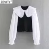 Zevity Donna Vintage Agaric Lace Colletto Peter Pan Patchwork Elastico Slim Camicetta grembiule Camicia corta femminile Chic Blusas Top LS9037 210603