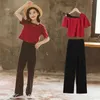 Mode Vêtements Enfants Filles Rouge À Manches Courtes Hors Épaule T-shirts Lâche Noir Pantalon Deux Pièces Tenues pour Adolescent 4 8 12 14Y 210622