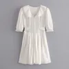 Летние женщины белые вечеринки мини-кружева вязание крючком однобортный пояс сладостный элегантный короткое праздничное платье пляжа 210415