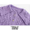 TRAF Kobiety Moda Textured Weave Cropped Dzianinowy Sweter Sweter Vintage Z Długim Rękawem Kobiet Odzież wierzchnia Chic Topy 210415