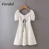 Foridol blommigryck spets upp sommar strand klänning kvinnor vit vintage puff ärm semester kort klänning avslappnad boho klänning vestidos 210415