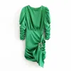 Stylish Green Bow Tie Sashes Wrap Mini Dress Women O-Neck Long Sleeve Female Dresses Vestidos Mujer 210430