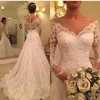 Vintage długie rękawowe sukienka ślubna Linia Sheer szyi koronkowe suknie ślubne szatę de Mariage niestandardowe sukienki panny młodej plus size 418