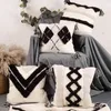 Boho Woven Tufted Black White Throw Pillow Case Morocan Textured Plaid Striped Geometric Pattern Decorative Square Cushion 85DB