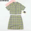 harajuku hög midja split kort kjol Streetwear tartan grönt tryck blå kvinnor A-line Saia Womens Plaid Mini 210520