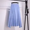 Bomull Midi Skirt Kvinnor Med Bälte Sommar Koreansk Blå Vit Svart Hög Midja Solskola Lång Pläterad Kvinna 210421