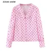 Spring Wood ear Lapel Collar Polka Dot Print Pink Long Sleeve Shirt Sweet Women Center Buttons Blouse Loose Tops 210429