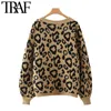 TRAF Women Fashion Leopard Mönster Lös Strikkad Cardigan Sweater Vintage Lantern Sleeve Kvinnor Ytterkläder Chic Toppar 211103