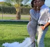 Vestido de noite feminino pano casamento yousef aljasmi zuhair murad penas de prata cristais prateados manga longa sereia mirriam tares bainha kim kardashian kylie jenner