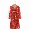 Foridol Manches Longues Floral Dot Imprimer Robe Rouge Automne Hiver Femmes Col En V Wrap Robe Robe Vintage Casual Office Lady Robe 210415