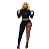 Conjunto de 2 piezas sexy negro Conjuntos de ropa de mujer Top corto de otoño y pantalones ahuecados Traje Club Trajes de cumpleaños para mujeres Conjuntos a juego Y0625