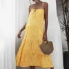 Yaz Zarif Seksi Plaj Uzun Elbise Kadın Halter Kayışı Baskı Çiçek Boho Maxi Bayan A-Line Kolsuz Elbise Için 210508