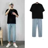 Män sätter solida denim byxor stor storlek 3xl sommar koreanska mode fritid enkla set chic manliga tonåringar all-match ins bf ulzzang x0909