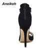 Aneikeh Preto Cristal Feminino Enfeitado Camurça Sandália de Salto Alto Sexy Peep Toe Alça no Tornozelo Strass Sapatos Gladiador 220222