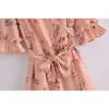 H.SA Women Summer V-Neck Sleeve Ruffles Casual Short Mini A-Line Boho Beach Loose Dress Pink Sashes 210417
